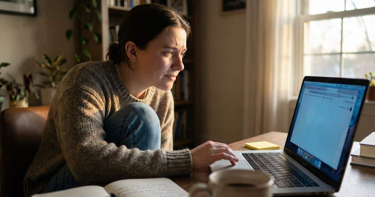 Beginner entrepreneur choosing the best blogging platform on a laptop at home desk with warm natural light, symbolizing clarity for starting a blog