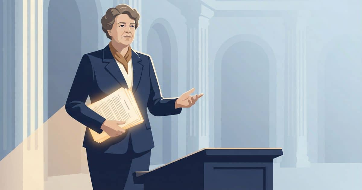 Vector illustration of Eleanor Roosevelt stepping forward in a formal hall while holding human rights documents, symbolizing her leadership as First Lady and lifelong advocacy for racial justice, women’s equality, and international cooperation