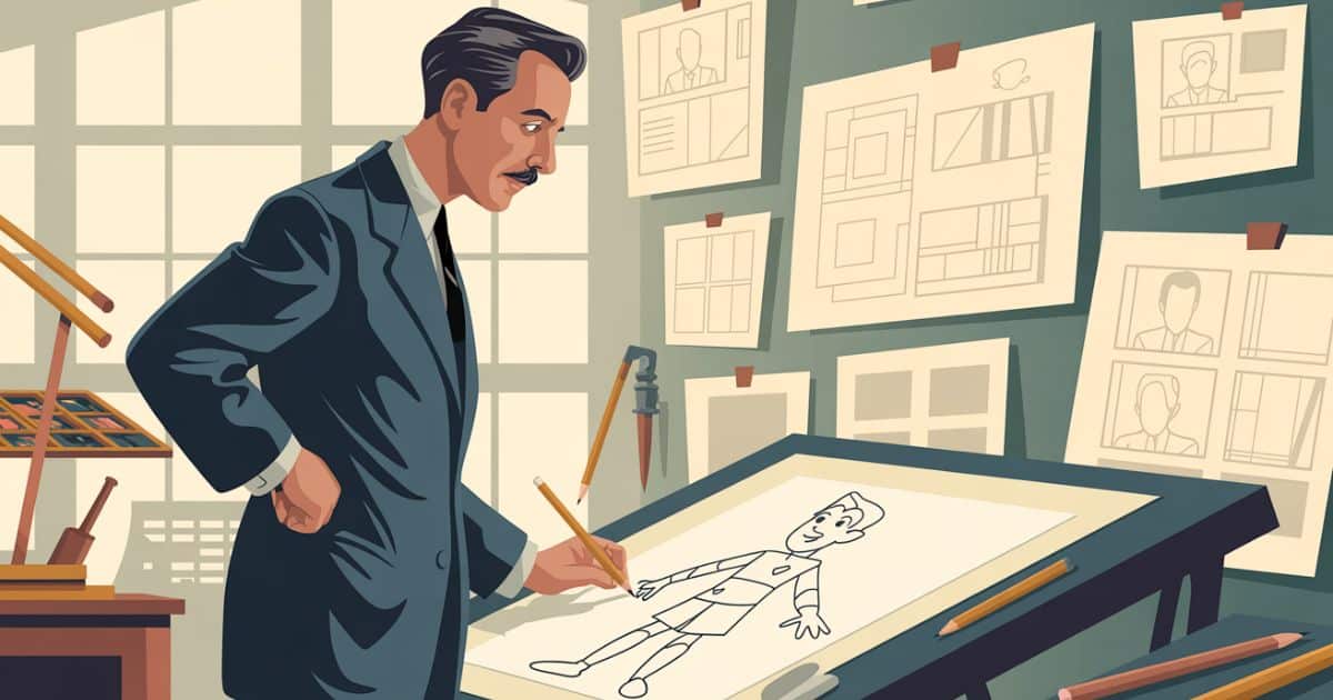 Vector illustration of Walt Disney standing at a drafting table in an early animation studio, studying storyboards under warm studio lighting, symbolizing creativity, innovation, and the foundation of The Walt Disney Company