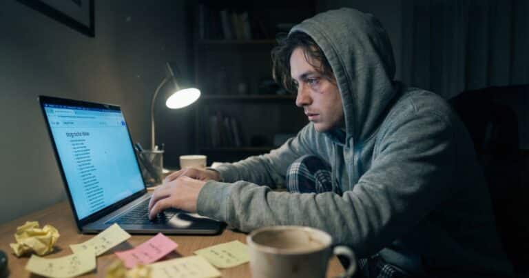 Aspiring blogger researching profitable blog niche ideas at night in a dim home office