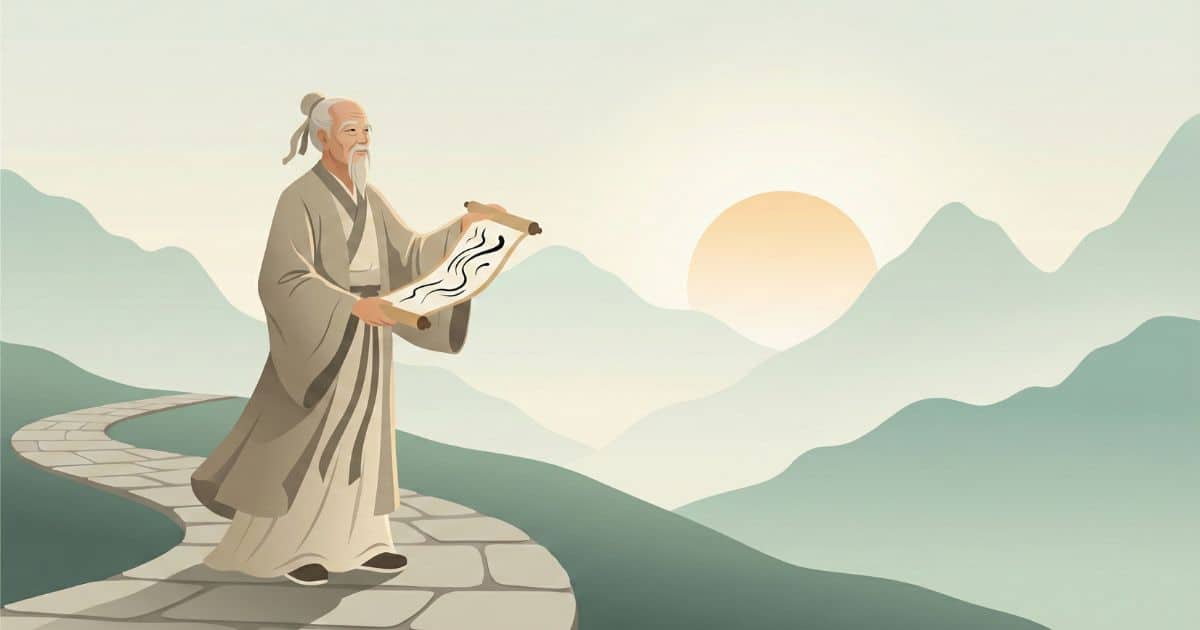 Vector illustration of ancient Chinese philosopher Lao Tzu holding a scroll at sunrise in a minimalist mountain landscape, symbolizing Tao Te Ching wisdom and philosophical Taoism.