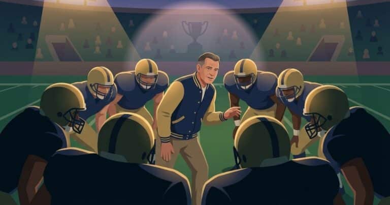 Vector illustration of Vince Lombardi leading a Green Bay Packers pre-game huddle under stadium lights, symbolizing leadership, respect, and championship legacy in NFL history.