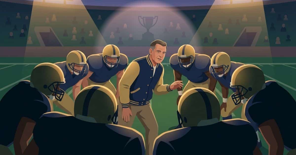 Vector illustration of Vince Lombardi leading a Green Bay Packers pre-game huddle under stadium lights, symbolizing leadership, respect, and championship legacy in NFL history.