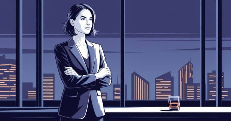 A powerful businesswoman stands alone in a modern high-rise office at dusk, arms crossed confidently as city lights begin to glow behind her. She appears fearless and unshaken, yet the fading daylight subtly hints at emotional vulnerability beneath her composed exterior.