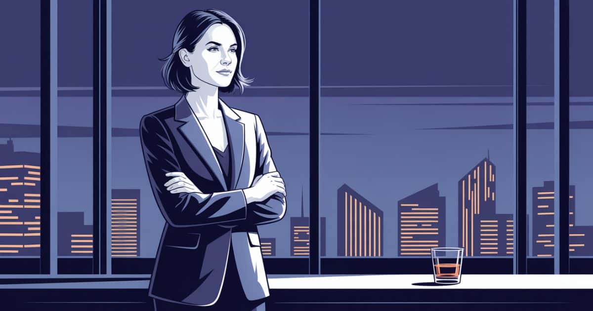 A powerful businesswoman stands alone in a modern high-rise office at dusk, arms crossed confidently as city lights begin to glow behind her. She appears fearless and unshaken, yet the fading daylight subtly hints at emotional vulnerability beneath her composed exterior.