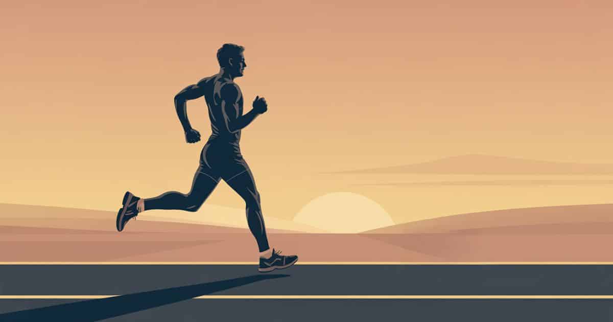 Minimal vector illustration of a lone endurance runner at sunrise on an empty road, symbolizing discipline, resilience, and long-term success.