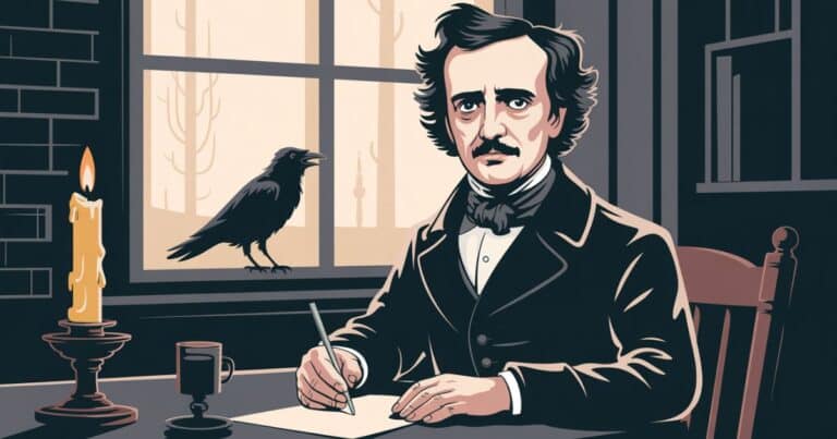 Vector illustration of Edgar Allan Poe writing at a candlelit desk with a raven on the windowsill, modern editorial flat design in dark gothic tones.