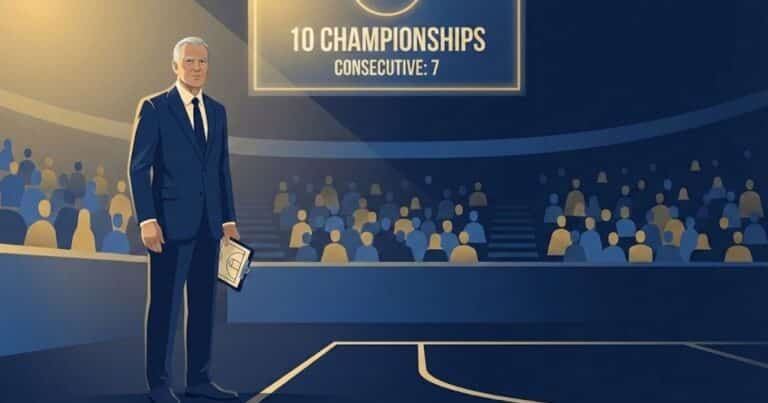 Vector illustration of legendary basketball coach John Wooden standing courtside after winning his tenth NCAA championship, with stylized scoreboard highlighting seven consecutive titles in warm gold and deep blue tones.