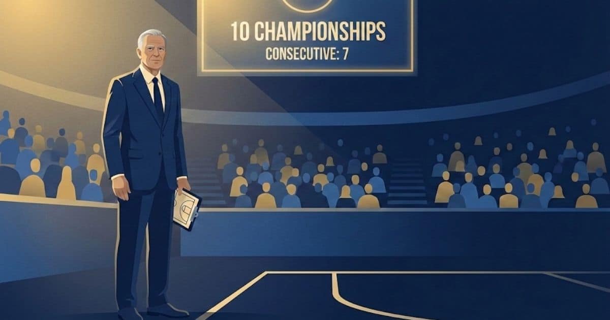 Vector illustration of legendary basketball coach John Wooden standing courtside after winning his tenth NCAA championship, with stylized scoreboard highlighting seven consecutive titles in warm gold and deep blue tones.