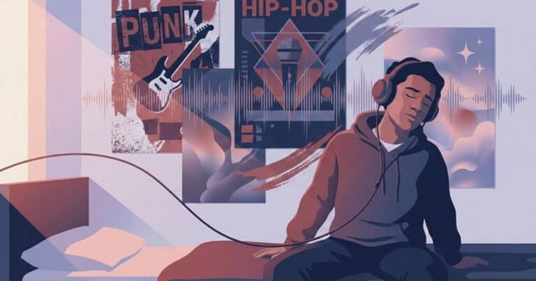 Vector illustration of a young music listener wearing headphones in a bedroom with layered punk and hip-hop posters, symbolizing the fusion of emo and rap music styles in the mid-2010s.
