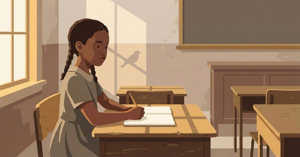 Vector illustration of young Maya Angelou writing in a 1940s classroom, warm light through window symbolizing resilience and the inspiration behind I Know Why the Caged Bird Sings.
