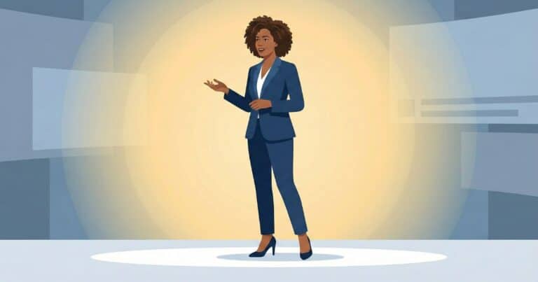 Minimal vector illustration of Oprah Winfrey speaking on stage, symbolizing female leadership, media influence, and business success in a clean editorial graphic style.