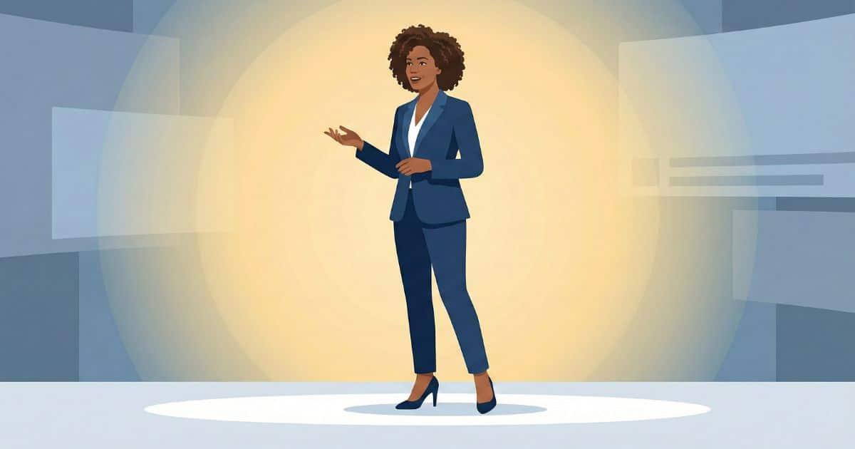 Minimal vector illustration of Oprah Winfrey speaking on stage, symbolizing female leadership, media influence, and business success in a clean editorial graphic style.