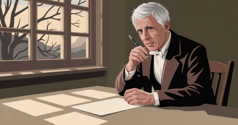 Modern vector illustration of poet Robert Frost writing at a wooden desk by a window with winter branches, symbolizing timeless 20th century poetry and literary mastery.