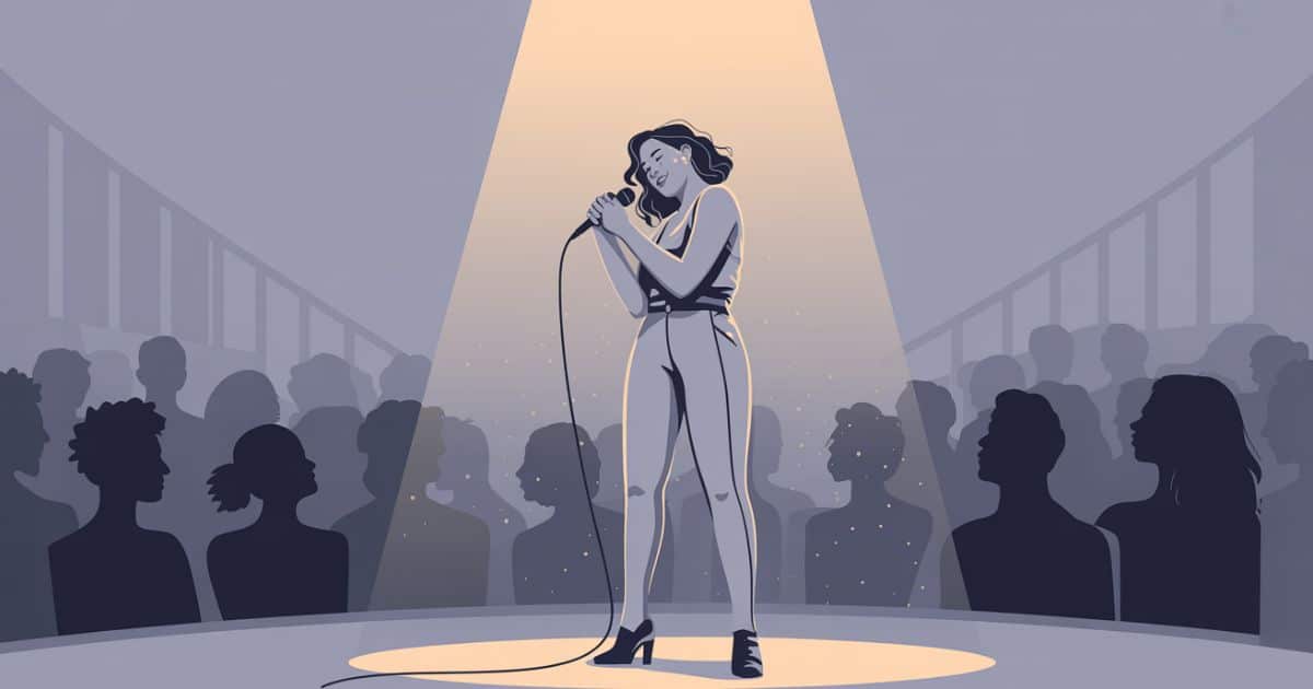 A talented female performer stands center stage after finishing a performance, holding a microphone loosely at her side as she slightly bows her head in gratitude toward a soft abstract audience.