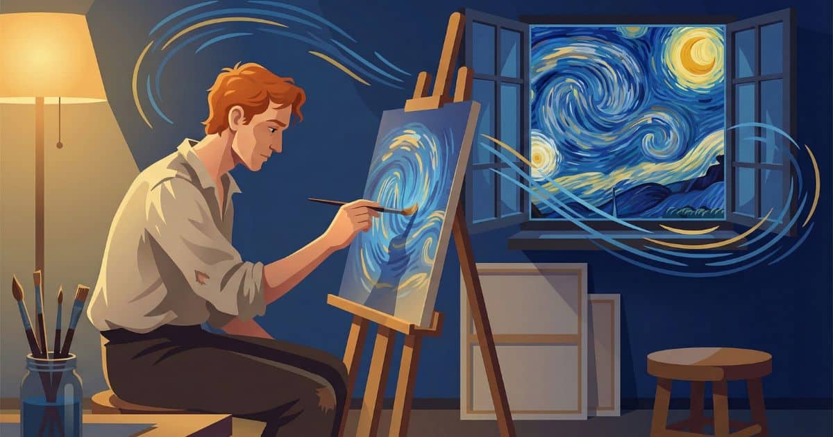 Rich vector illustration of Vincent van Gogh working late in a dim studio, surrounded by swirling blue and golden patterns inspired by Starry Night, symbolizing artistic passion and legacy.