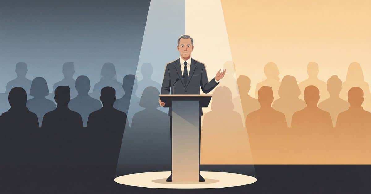 Modern editorial vector illustration of a public intellectual speaking at a podium under spotlight, abstract divided audience in warm and cool tones symbolizing controversy and debate.