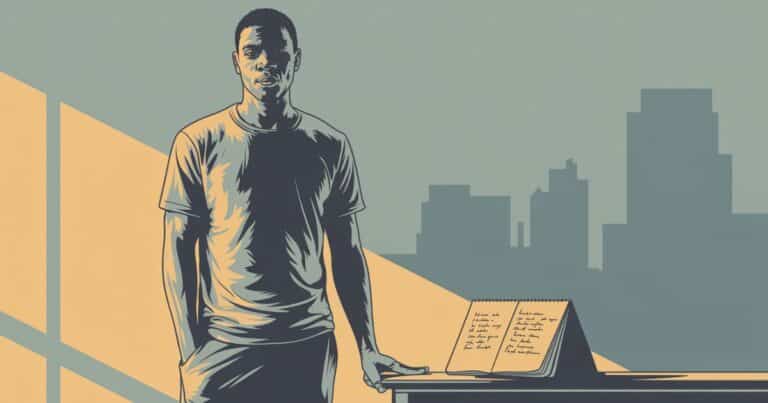Kevin Gates inspired vector illustration showing determined musician in urban studio with warm light and lyric notebook symbolizing resilience and success.