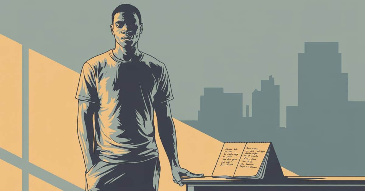 Kevin Gates inspired vector illustration showing determined musician in urban studio with warm light and lyric notebook symbolizing resilience and success.