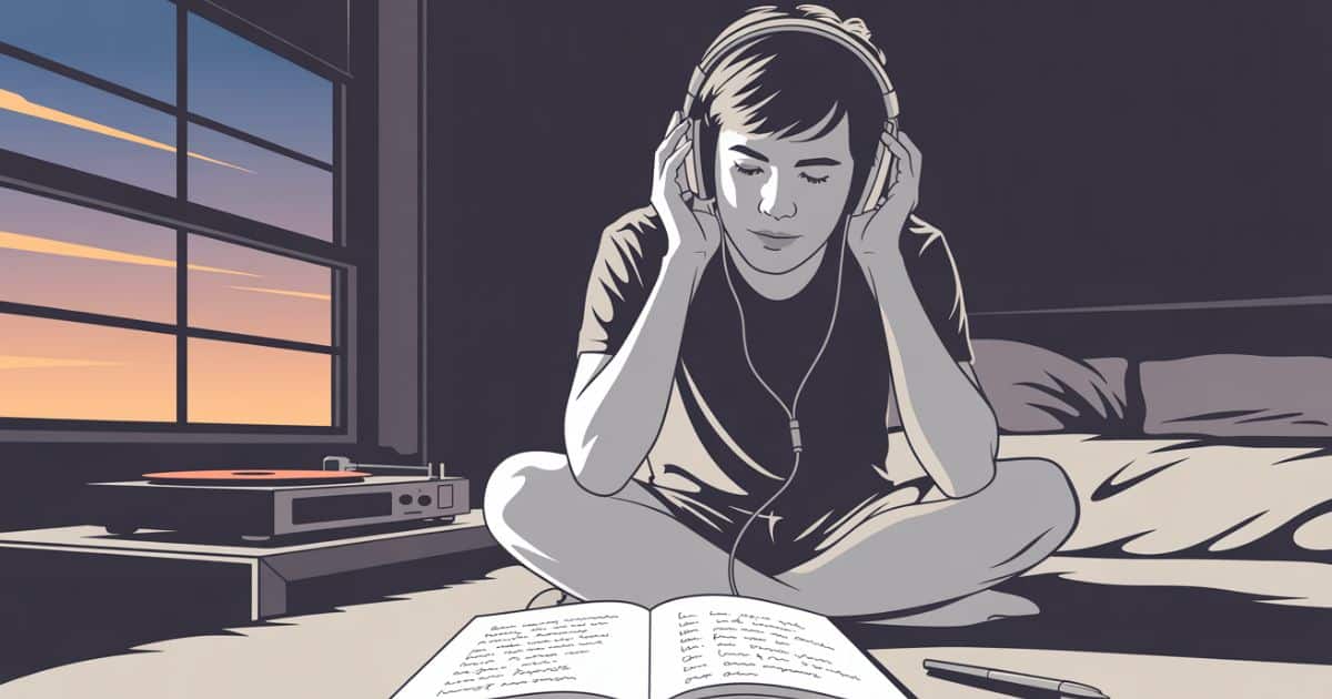 Vector illustration of a young music listener writing in a notebook while listening to vinyl at dusk, inspired by reflective Mac Miller quotes and lyrical influence.