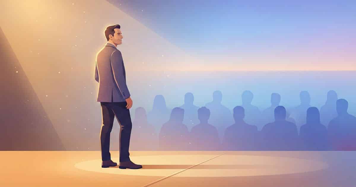 Modern vector illustration of a confident speaker standing on a stage after a powerful motivational speech, warm spotlight lighting and minimalist auditorium background symbolizing inspiration, growth, and personal transformation inspired by Matthew McConaughey quotes.