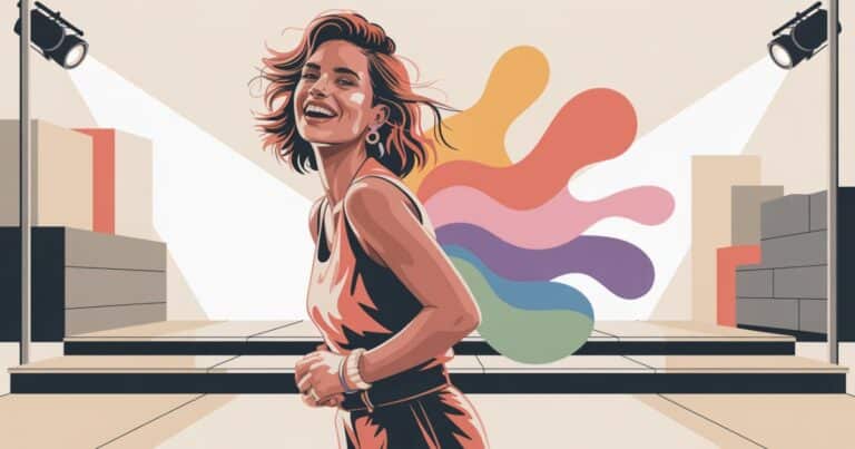 Colorful modern vector illustration of a confident woman laughing boldly on a minimalist stage with vibrant abstract shapes behind her, symbolizing empowerment and uplifting energy inspired by famous Nicki Minaj quotes.