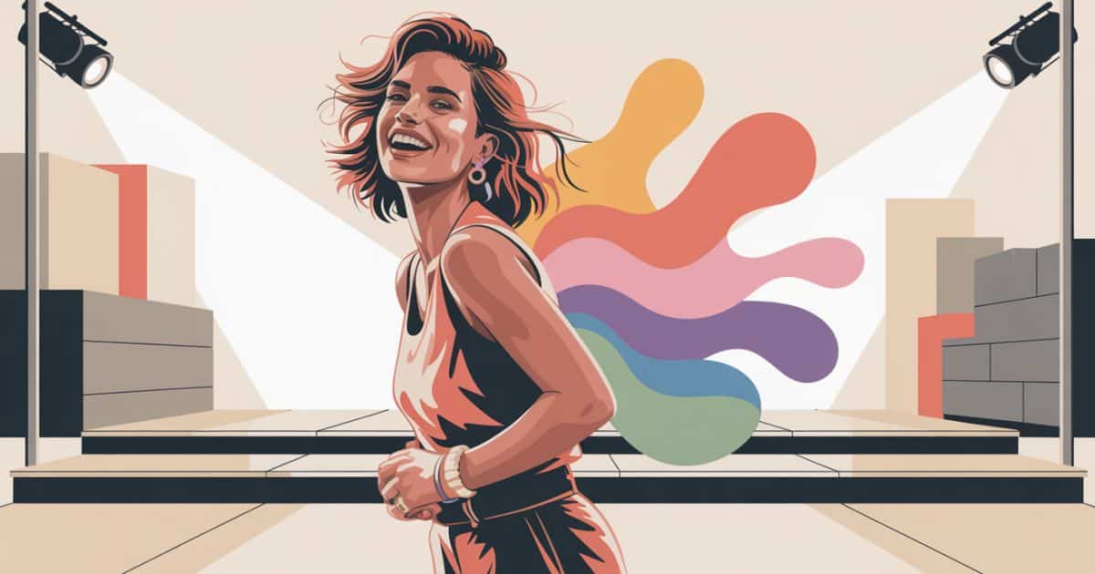 Colorful modern vector illustration of a confident woman laughing boldly on a minimalist stage with vibrant abstract shapes behind her, symbolizing empowerment and uplifting energy inspired by famous Nicki Minaj quotes.