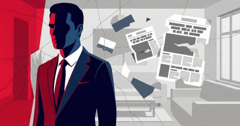 Editorial vector illustration showing a sharply dressed man in shadow with abstract newspaper shapes and cracked mirror effects, symbolizing the controversy surrounding the film American Psycho.