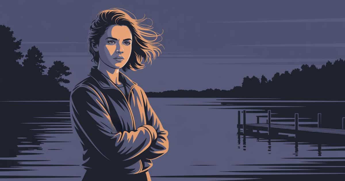 Vector illustration of a strong young woman standing confidently by a calm Ozark lakeside at dusk, inspired by Ruth Langmore from the Netflix crime drama Ozark.