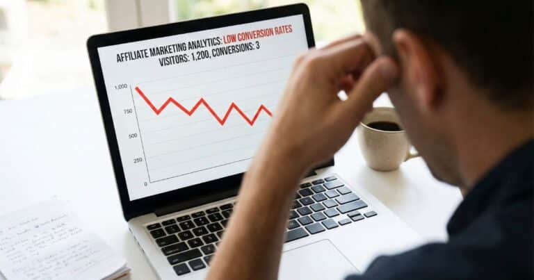 Affiliate marketing beginner analyzing low sales conversions and struggling with profitability