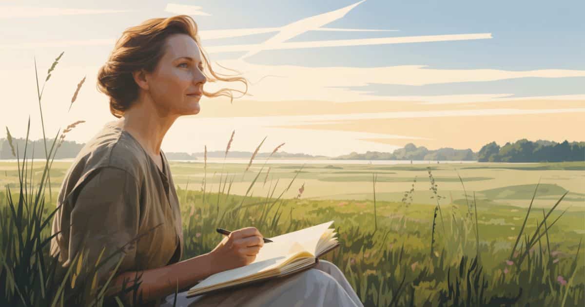 Vector illustration of American poet sitting in a meadow at sunrise with an open notebook, symbolizing her connection to nature and reflective poetry.