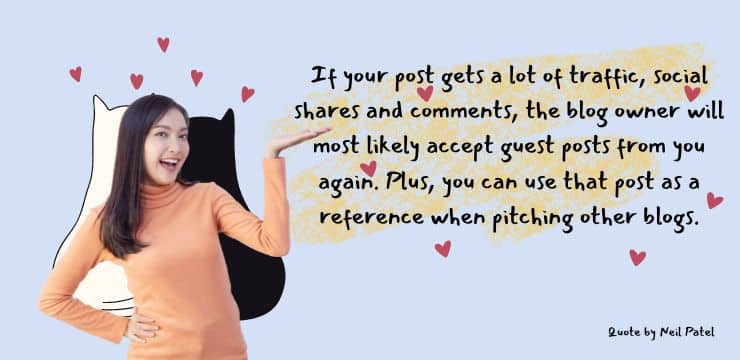Guest posting quote by Neil Patel about the benefits of traffic, social shares, and comments when guest posting