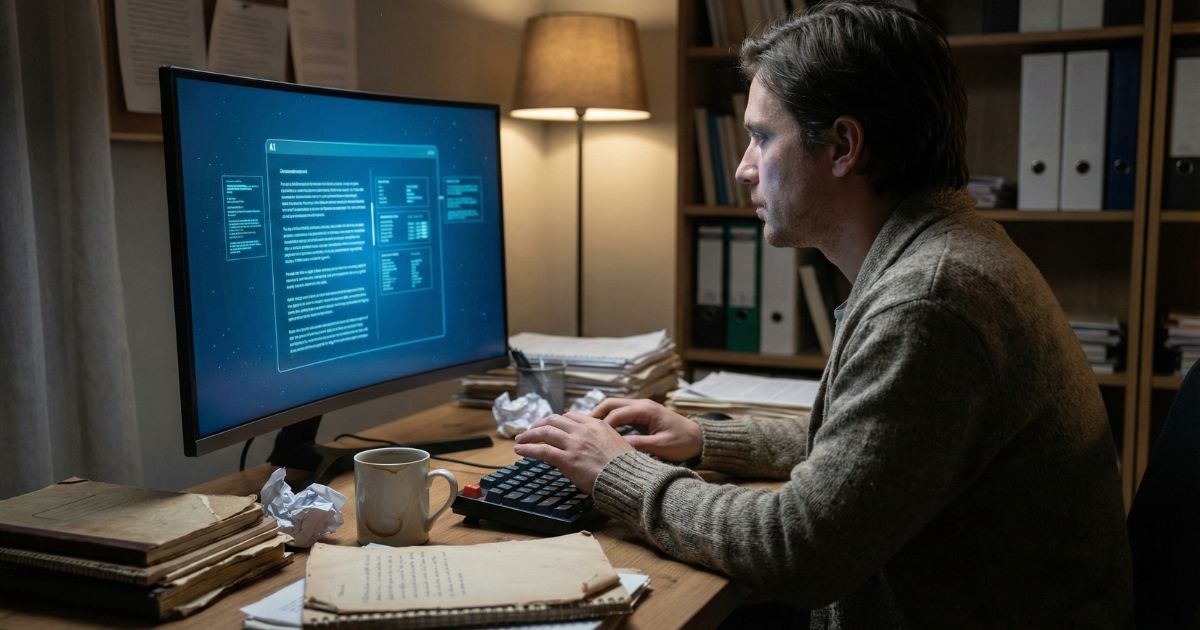 Over-the-shoulder cinematic photo of a writer illuminated by an AI interface, symbolizing the shift from traditional writing methods to artificial intelligence
