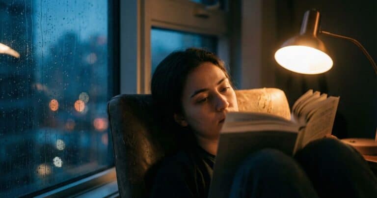 Reader deeply immersed in a book by a rain-covered window at night, illuminated by warm lamplight, capturing the emotional power of storytelling and literary escape.