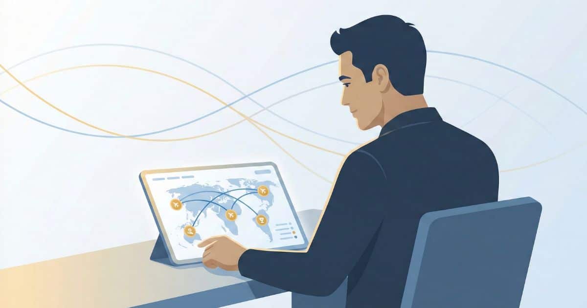 Minimal vector illustration of a travel rewards expert analyzing a global flight path map, representing mastery of airline miles, credit card points, and travel strategy systems.