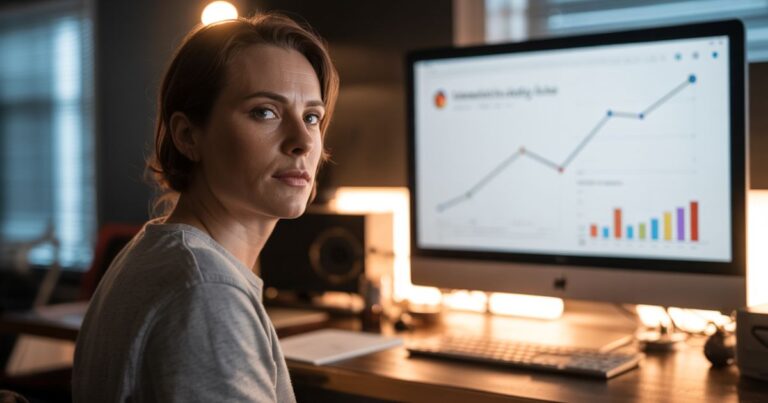 Content creator analyzing rising SEO traffic on a computer screen in a cinematic workspace