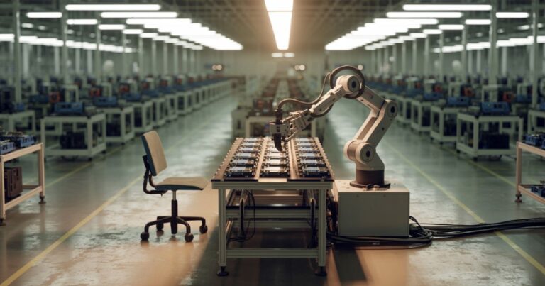 Automated robotic assembly line in modern factory with empty worker chair, representing AI replacing human jobs and industrial automation impact