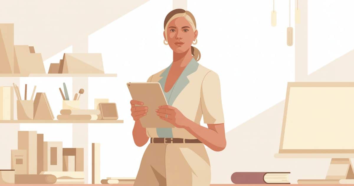 Minimal vector illustration of a confident female lifestyle blogger in a clean studio, symbolizing creative entrepreneurship, DIY success, and lifestyle business growth.
