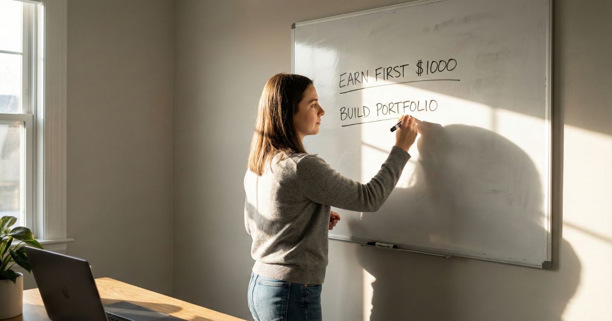 Beginner freelance writer setting goals on whiteboard in minimalist home office with warm natural light