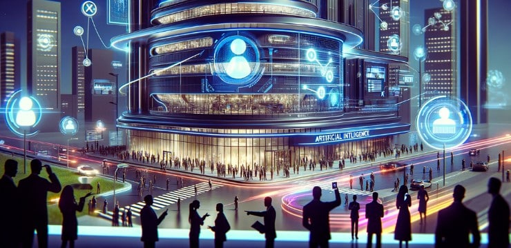 The futuristic architecture depicts an artificial intelligence company under regulatory and legal scrutiny.