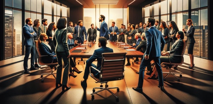 A dramatic and tense scene in a corporate boardroom atmosphere is emotionally charged, effectively showcasing a moment of employee backlash.
