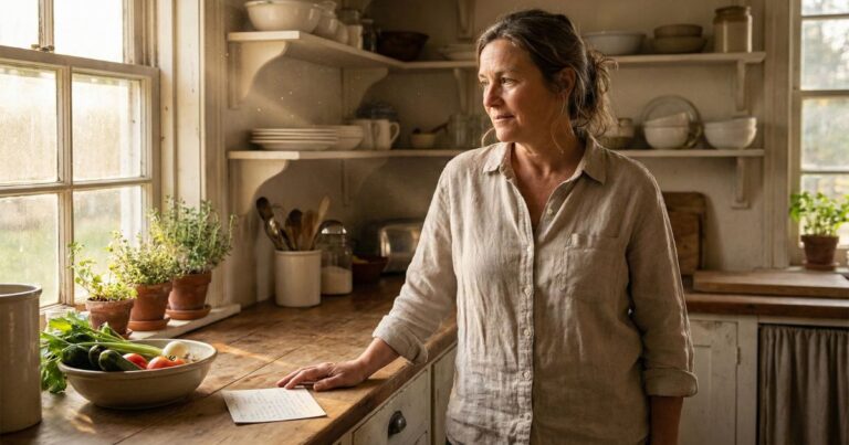 Ree Drummond-inspired farmhouse kitchen scene at golden hour showing a warm, confident woman reflecting in a rustic home setting