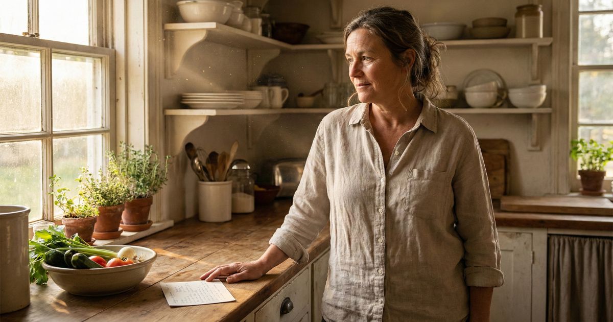 Ree Drummond-inspired farmhouse kitchen scene at golden hour showing a warm, confident woman reflecting in a rustic home setting