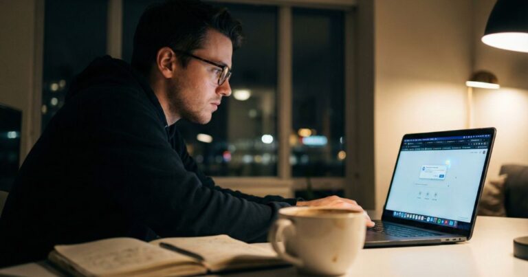 Freelance content writer working late at a desk in focused, warm workspace