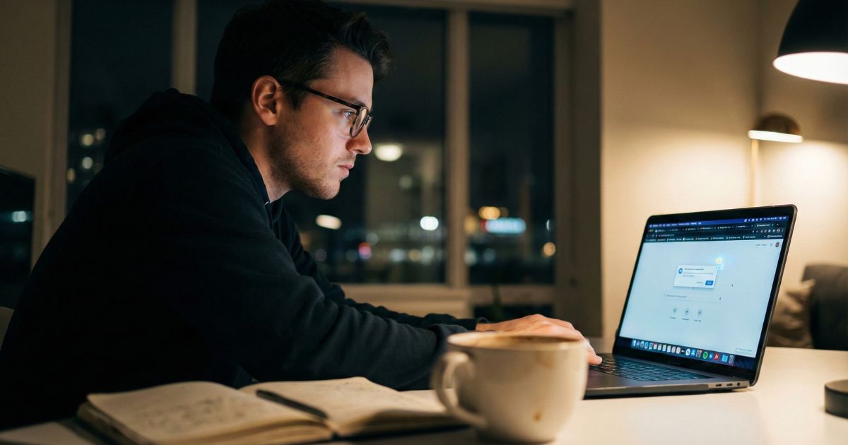 Freelance content writer working late at a desk in focused, warm workspace