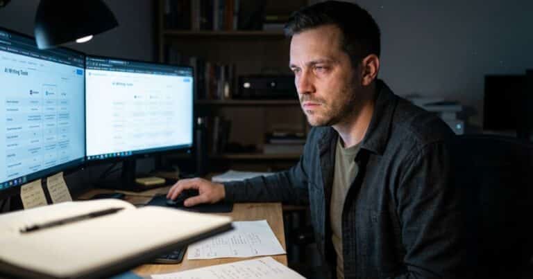 Agility Writer review scene of content creator comparing AI writing tools at night in home office