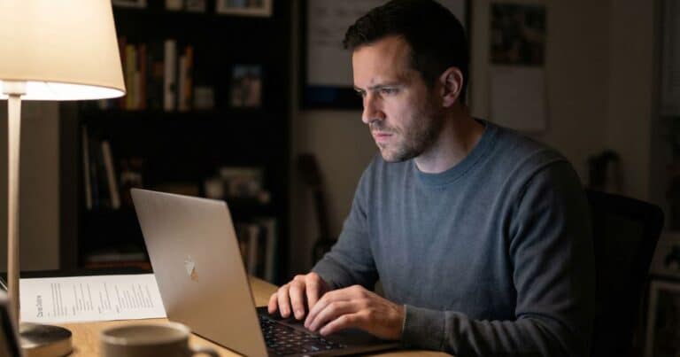 AI-generated social posts disconnect from course outline as creator reviews messaging at desk