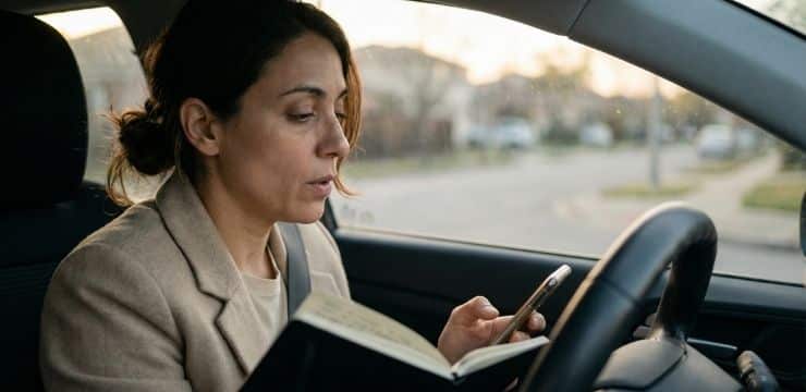Workflow System That Cuts AI Editing Content creator reviewing AI tool subscription at dawn inside parked car with notebook and focused expression