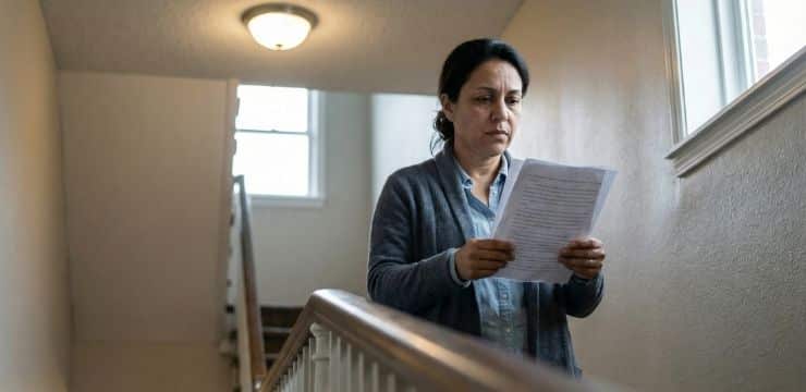 Amplify Your Creative Soul Strategic AI collaboration concept, woman holding draft pages in stairwell with focused expression