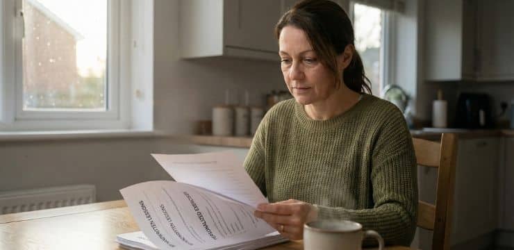 Build Better Workbooks Faster Spanish teacher reviewing hand-crafted workbook pages at kitchen table in soft morning light